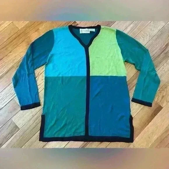 Diane Von Furstenberg Silk Assets Vneck Colorblock Sweater Womens Sz M 100% Silk - Picture 7 of 13